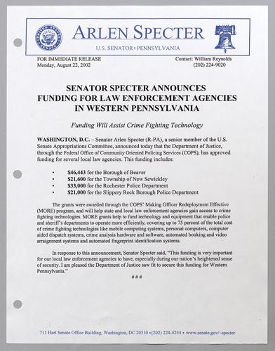 Senator Specter announces funding for law enforcement agencies in western Pennsylvania