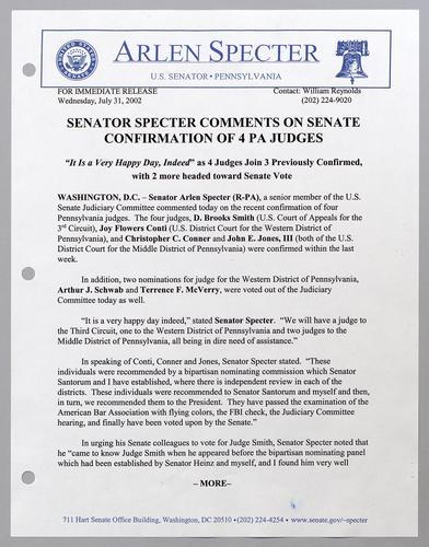 Senator Specter comments on Senate confirmation of four Pennsylvania judges