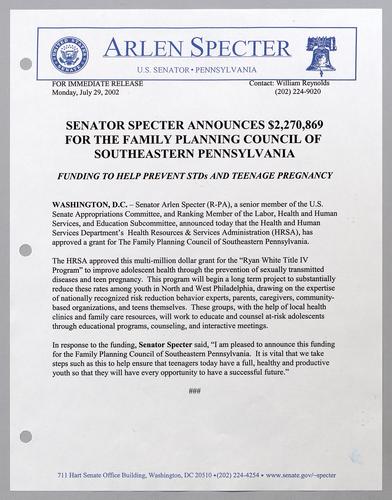 Senator Specter announces $2,270,869 for the Family Planning Council of Southeastern Pennsylvania