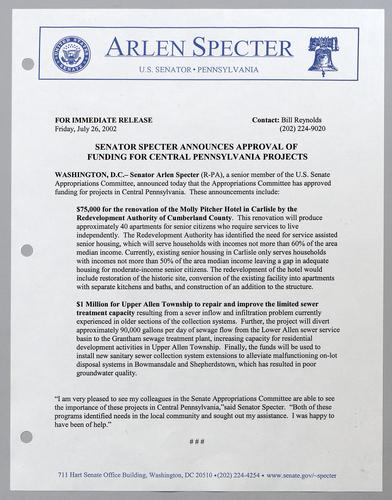 Senator Specter announces approval of funding for central Pennsylvania projects