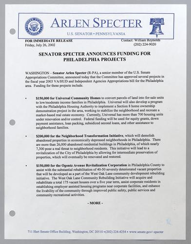 Senator Specter announces funding for Philadelphia projects