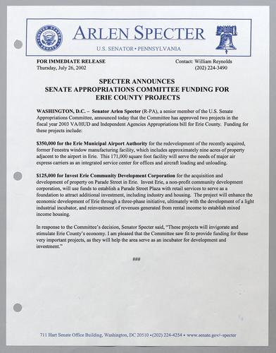 Specter announces Senate Appropriations Committee funding for Erie County projects