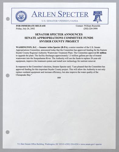Senator Specter announces Senate Appropriations Committee funds Snyder County project