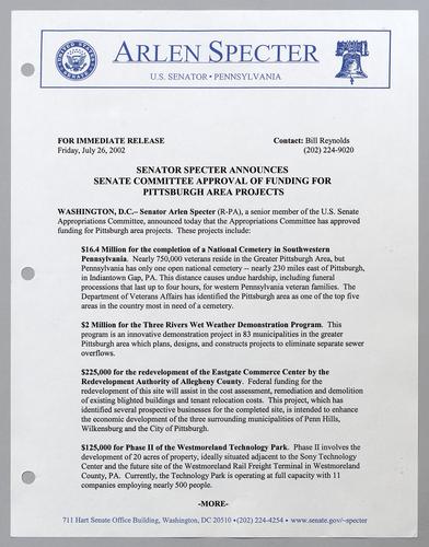 Senator Specter announces Senate committee approval of funding for Pittsburgh area projects