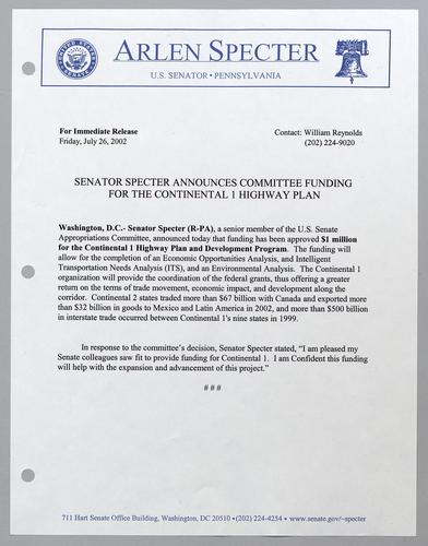Senator Specter announces committee funding for the Continental 1 Highway Plan