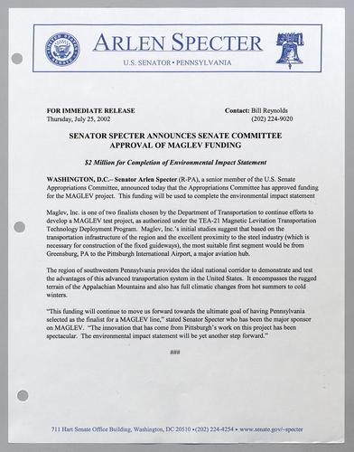 Senator Specter announces Senate committee approval of MAGLEV funding