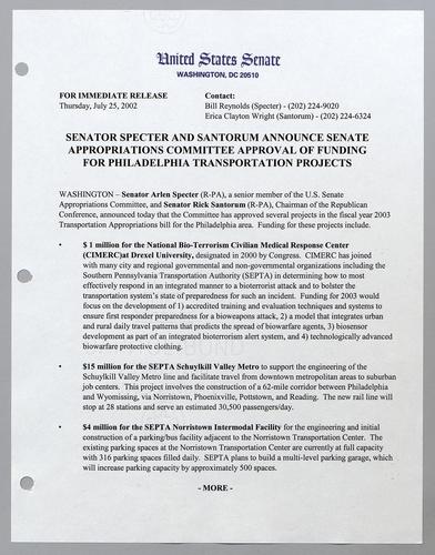 Specter and Santorum announce Senate Appropriations Committee approval of funding for Philadelphia transportation projects