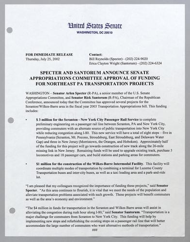 Specter and Santorum announce Senate Appropriations Committee approval of funding for northeast Pennsylvania transportation projects