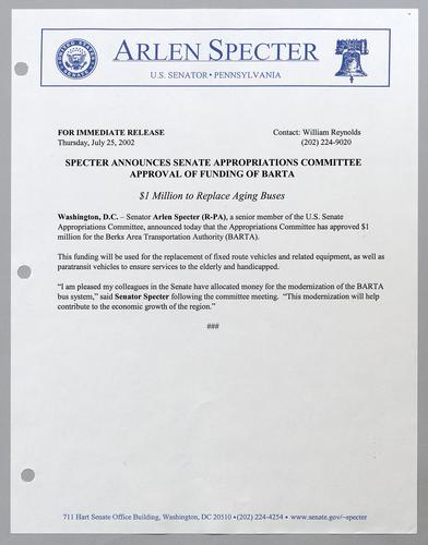 Specter announces Senate Appropriations Committee approval of funding of BARTA