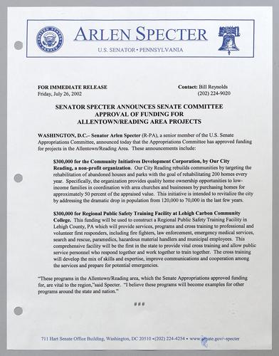 Senator Specter announces Senate committee approval of funding for Allentown/Reading area projects