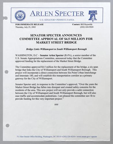 Senator Specter announces committee approval of $4.5 million for Market Street Bridge