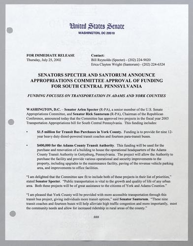 Senators Specter and Santorum announce appropriations committee approval of funding for south central Pennsylvania