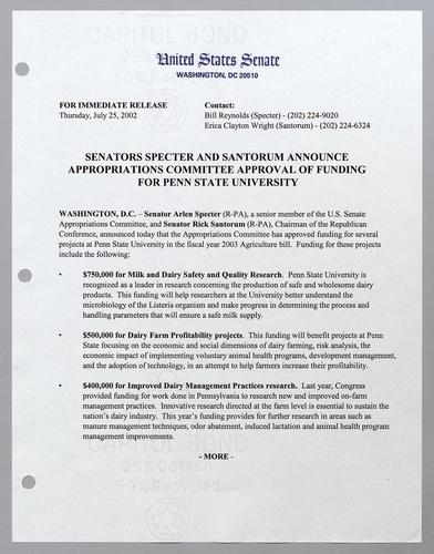 Senators Specter and Santorum announce appropriations committee approval of funding for Penn State University