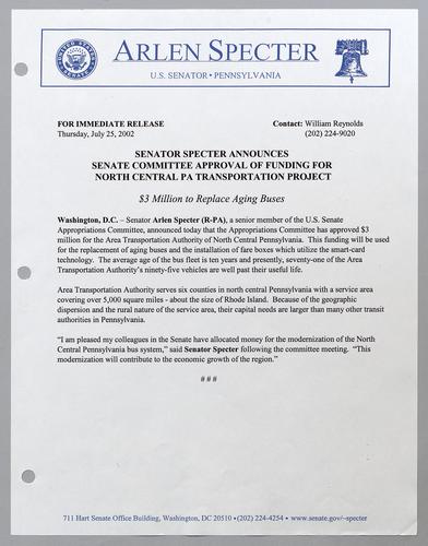 Senator Specter announces Senate committee approval of funding for north central Pennsylvania transportation project