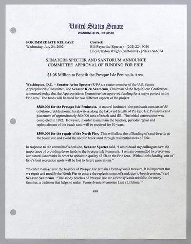 Senators Specter and Santorum announce committee approval of funding for Erie