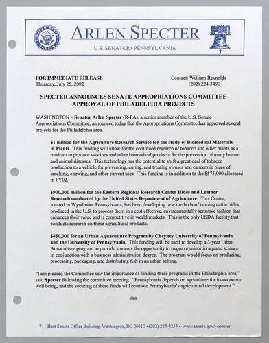 Specter and Santorum announce Senate committee approval of Philadelphia projects