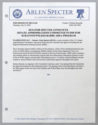 Senator Specter announces Senate Appropriations Committee funds for Scranton/Wilkes-Barre area program