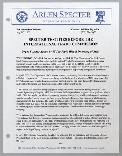 Specter testifies before the International Trade Commission