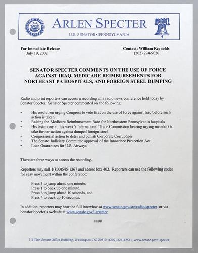Senator Specter comments on the use of force against Iraq, Medicare, reimbursements for northeast PA hospitals, and foreign steel dumping