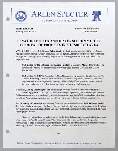 Specter announces subcommittee approval of projects in Pittsburgh area