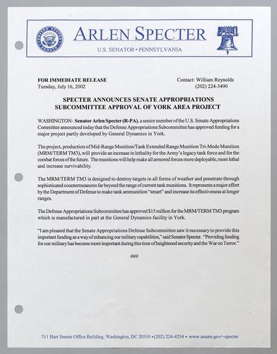 Specter announces Senate appropriations subcommittee approval of York area project