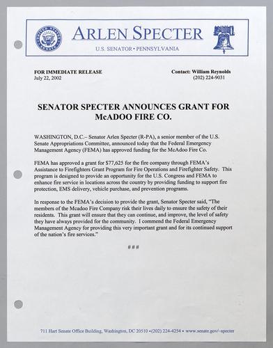 Senator Specter announces grant for McAdoo Fire Company