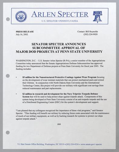 Senator Specter announces subcommittee approval of major DOD projects at Penn State University