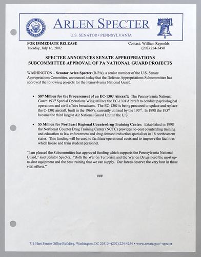 Specter announces Senate appropriations subcommittee approval of Pennsylvania National Guard projects