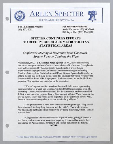 Specter continues efforts to reform Medicare metropolitan statistical areas