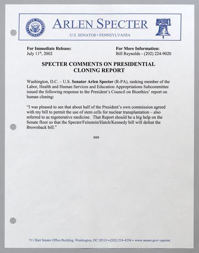 Specter comments on presidential cloning report