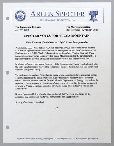 Specter votes for Yucca Mountain