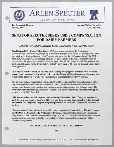 Senator Specter seeks USDA compensation for dairy farmers