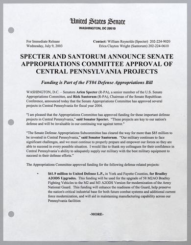 Specter and Santorum announce Senate Appropriations Committee approval if central Pennsylvania projects