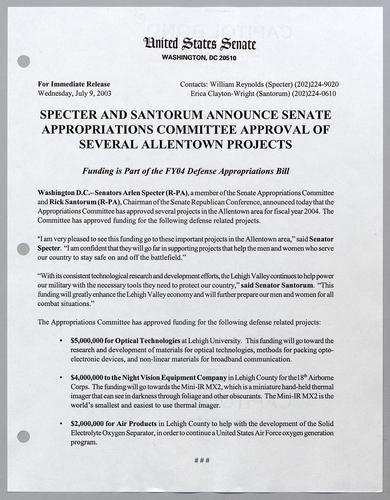 Specter and Santorum announce Senate Appropriations Committee approval of several Allentown projects