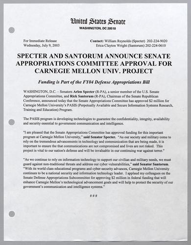 Specter and Santorum announce Senate Appropriations Committee approval for Carnegie Mellon University project