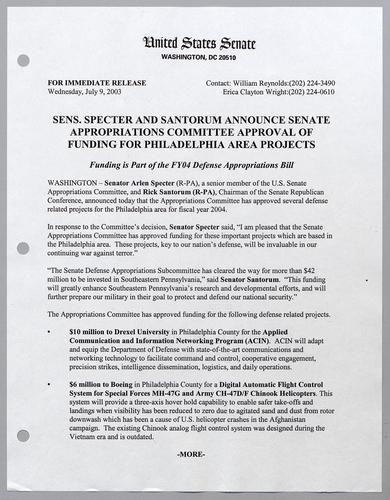Senators Specter and Santorum announce Senate Appropriations Committee approval of funding for Philadelphia area projects