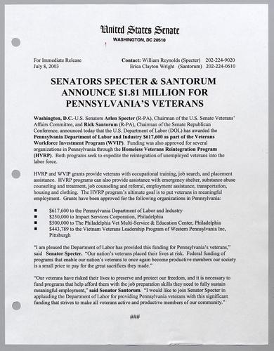 Senators Specter and Santorum announce $1.81 million for Pennsylvania's veterans