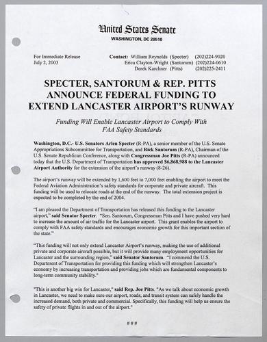 Specter, Santorum, and Representative Pitts announce federal funding to extend Lancaster airport's runway