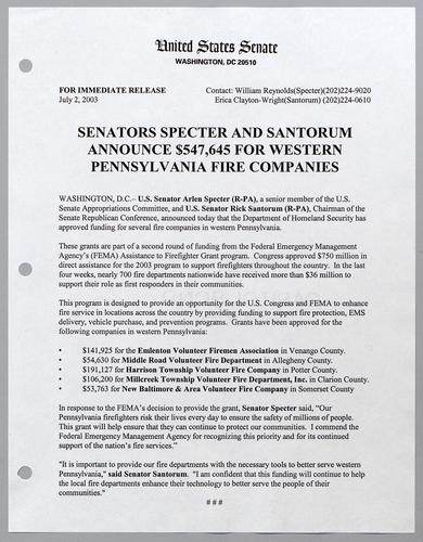 Senators Specter and Santorum announce $547,645 for western Pennsylvania fire companies