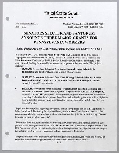 Senators Specter and Santorum announce three major grants for Pennsylvania workers