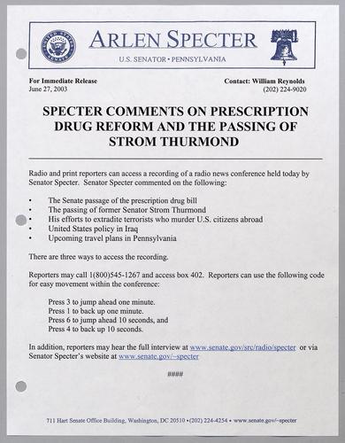 Specter comments on prescription drug reform and the passing of Strom Thurmond