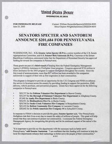 Senators Specter and Santorum announce $201,684 for Pennsylvania fire companies