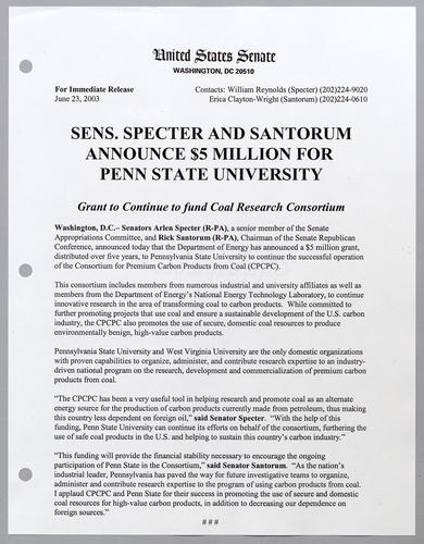 Senators Specter and Santorum announce $5 million for Penn State University