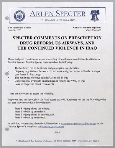 Specter comments on prescription drug reform, U.S. Airways, and the continued violence in Iraq