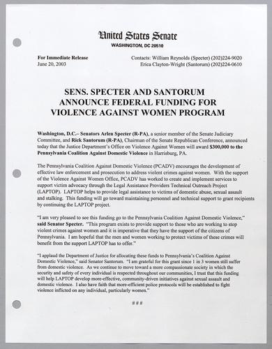 Senators Specter and Santorum announce federal funding for violence against women program