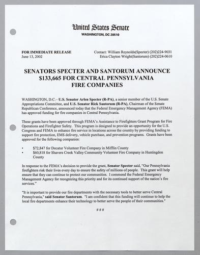 Senators Specter and Santorum announce $133,665 for central Pennsylvania fire companies