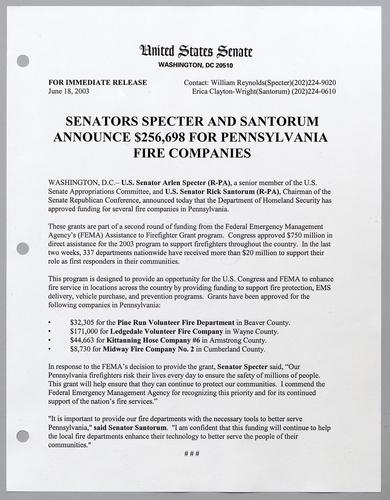 Senators Specter and Santorum announce $256,698 for Pennsylvania fire companies