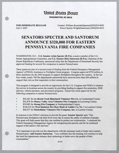 Senators Specter and Santorum announce $320,000 for eastern Pennsylvania fire companies