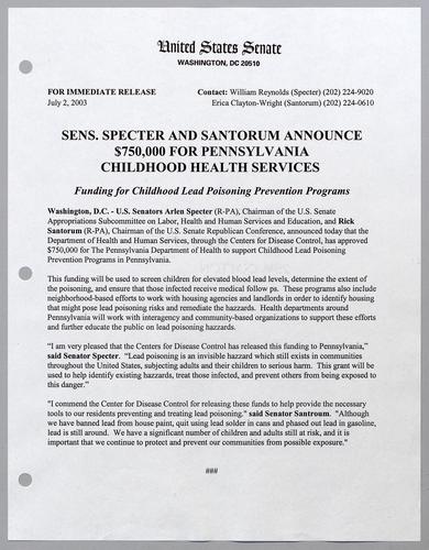Senators Specter and Santorum announce $750,000 for Pennsylvania childhood health centers