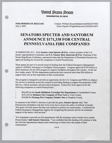 Senators Specter and Santorum announce $171,338 for central Pennsylvania fire companies